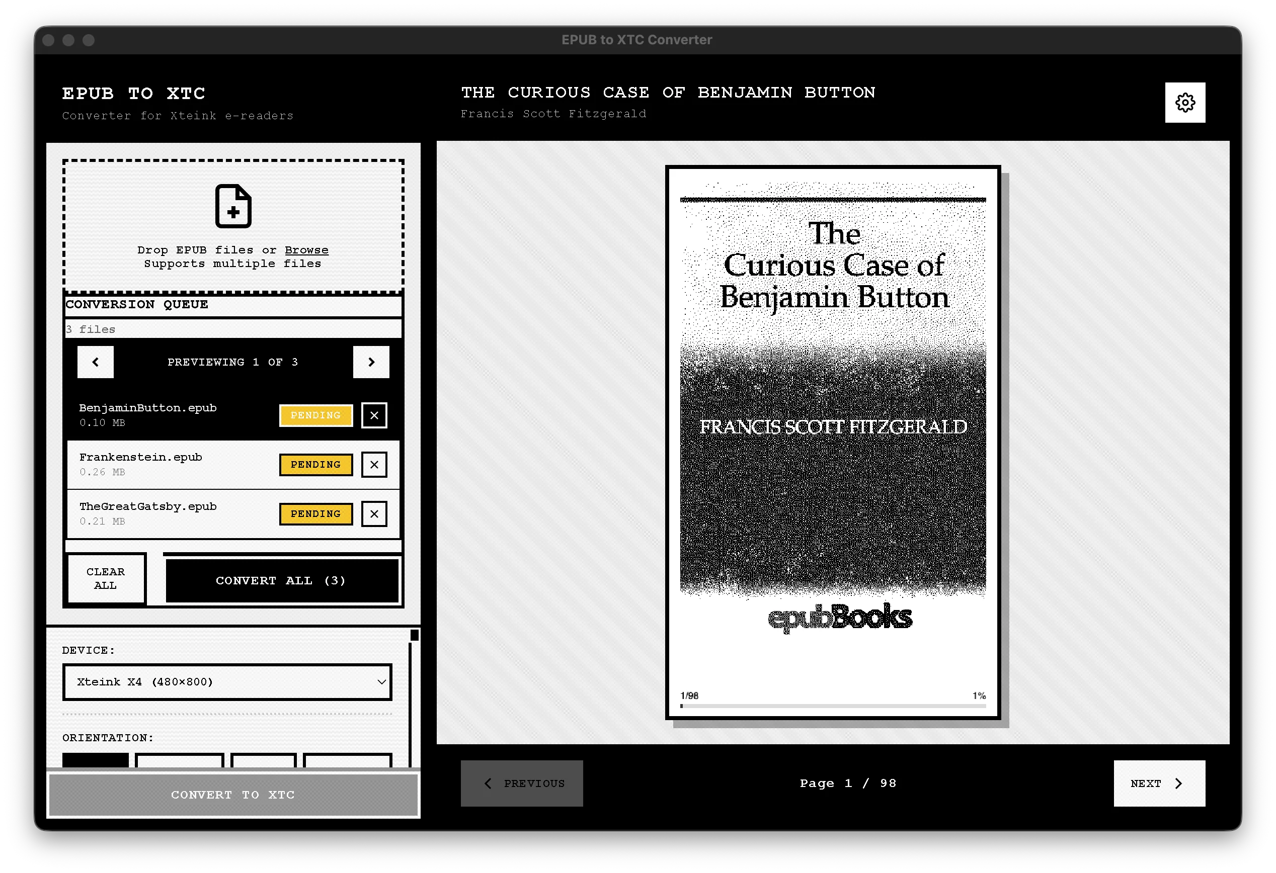 Batch processing interface showing multiple EPUBs being converted